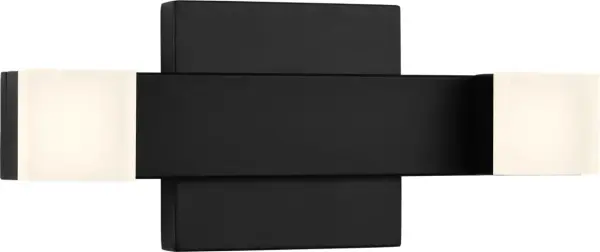 The Brander 2-Light Vanity combines clean geometric lines with frosted acrylic shades for soft, ambient lighting. Its damp-rated construction and refined Midnight Black finish make it ideal for modern bathrooms seeking functional elegance. - alternate view
