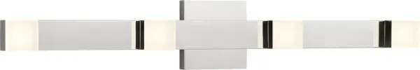 The Brander XL Vanity combines clean geometric lines with frosted acrylic shades for soft, ambient lighting. Its damp-rated construction and contemporary metal backplate make it ideal for larger bathrooms seeking both style and function. - alternate view