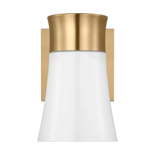 The Roy Small Vanity combines modern sophistication with functional design. Its flared milk glass shade provides soft, flattering light while the satin brass finish adds warmth and elegance to any bathroom or powder room.