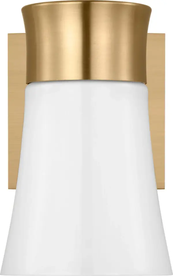 The Roy Small Vanity combines modern sophistication with functional design. Its flared milk glass shade provides soft, flattering light while the satin brass finish adds warmth and elegance to any bathroom or powder room. - alternate view