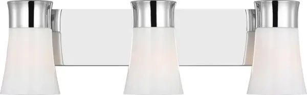 The Roy Large Vanity combines contemporary design with practical functionality. Three flared milk glass shades provide warm, even lighting ideal for larger bathrooms, while the chrome finish adds modern sophistication.