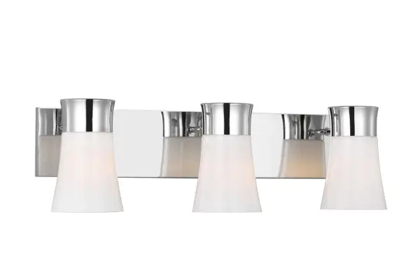 The Roy Large Vanity combines contemporary design with practical functionality. Three flared milk glass shades provide warm, even lighting ideal for larger bathrooms, while the chrome finish adds modern sophistication. - alternate view