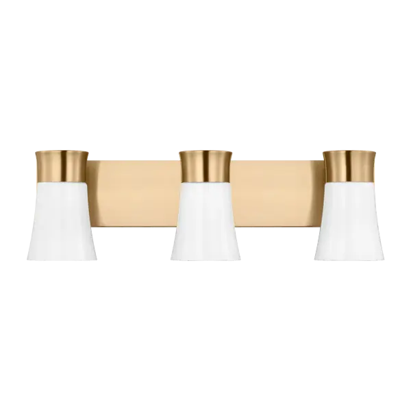 The Roy Large Vanity combines contemporary design with practical functionality, featuring three flared milk glass shades that emit warm, inviting light. Perfect for larger bathrooms, its sleek satin brass finish and clean lines add sophistication to modern spaces.