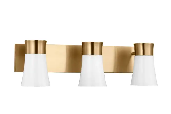 The Roy Large Vanity combines contemporary design with practical functionality, featuring three flared milk glass shades that emit warm, inviting light. Perfect for larger bathrooms, its sleek satin brass finish and clean lines add sophistication to modern spaces. - alternate view