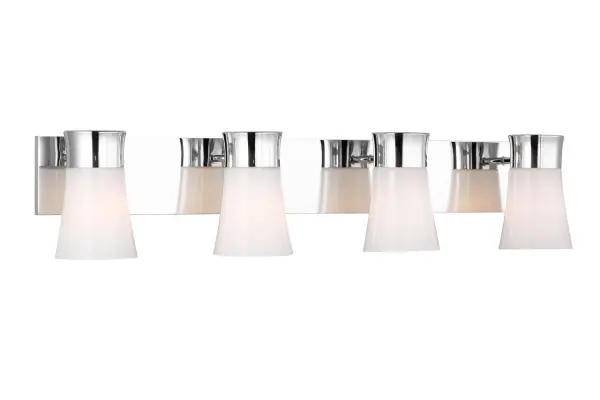The Roy Extra Large Vanity delivers sophisticated bathroom lighting with four flared milk glass shades and a sleek chrome backplate. Damp-rated for durability, it provides warm ambient light perfect for larger spaces while maintaining a refined minimalist aesthetic. - alternate view