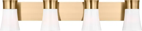 The Roy Extra Large Vanity combines modern minimalism with functional elegance. Four flared milk glass shades deliver warm, even lighting perfect for larger bathroom spaces, while the satin brass finish adds sophisticated warmth.