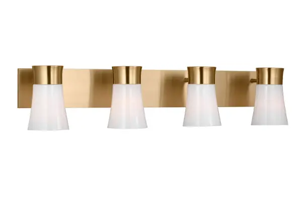 The Roy Extra Large Vanity combines modern minimalism with functional elegance. Four flared milk glass shades deliver warm, even lighting perfect for larger bathroom spaces, while the satin brass finish adds sophisticated warmth. - alternate view