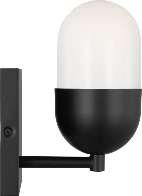 The Foster Small Vanity combines minimalist elegance with functional design. Its milk glass shade provides soft, flattering uplighting while the slim metal arm and clean lines add contemporary sophistication to any bathroom. - alternate view
