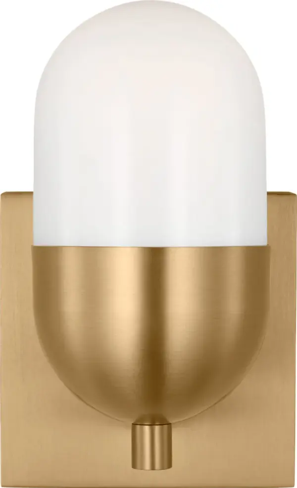 The Foster Small Vanity combines minimalist elegance with functional design. Its milk glass shade provides gentle ambient uplighting while the satin brass finish adds warmth to contemporary bathrooms.