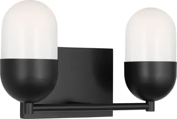 The Foster Medium Vanity combines minimalist design with practical functionality. Its capsule-shaped silhouette and milk glass shades deliver soft, flattering uplighting perfect for bathroom tasks while maintaining a clean aesthetic. - alternate view