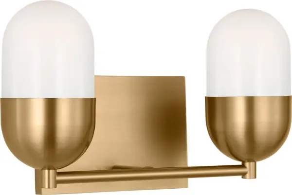 The Foster Medium Vanity combines minimalist design with practical functionality. Its capsule-shaped milk glass shades deliver soft, flattering uplighting while sleek metal detailing adds contemporary elegance to any bathroom. - alternate view