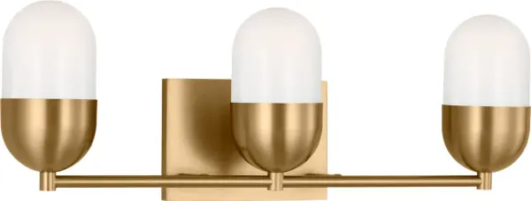 The Foster Large Vanity combines contemporary design with functional uplighting through three rounded milk glass shades. Its sleek satin brass finish and balanced proportions make it ideal for spacious bathrooms and vanity areas.