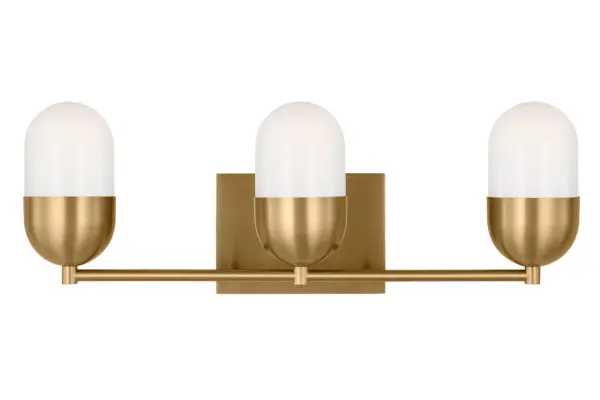 The Foster Large Vanity combines contemporary design with functional uplighting through three rounded milk glass shades. Its sleek satin brass finish and balanced proportions make it ideal for spacious bathrooms and vanity areas. - alternate view