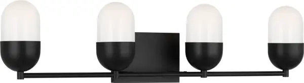 The Foster Extra Large Vanity delivers elegant modern lighting with four rounded milk glass shades on a minimalist backplate. Perfect for larger bathrooms, it provides soft ambient uplighting while enhancing contemporary spaces.