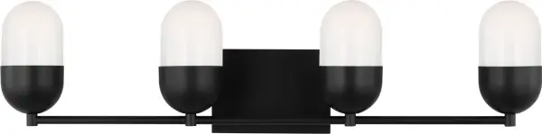 The Foster Extra Large Vanity delivers elegant modern lighting with four rounded milk glass shades on a minimalist backplate. Perfect for larger bathrooms, it provides soft ambient uplighting while enhancing contemporary spaces. - alternate view