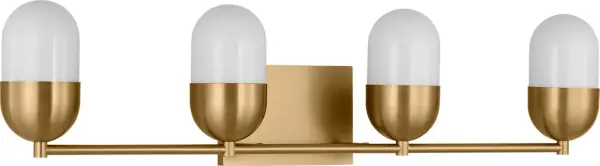 The Foster Extra Large Vanity delivers sophisticated bathroom lighting with four rounded milk glass shades that provide soft, flattering uplighting. Its minimalist design and damp-rated construction make it ideal for larger vanity areas.