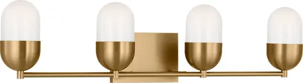 The Foster Extra Large Vanity delivers sophisticated bathroom lighting with four rounded milk glass shades that provide soft, flattering uplighting. Its minimalist design and damp-rated construction make it ideal for larger vanity areas. - alternate view