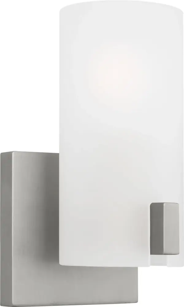 The Rhode Small Vanity combines minimalist geometric design with practical functionality. Its etched glass shade creates a soft, flattering glow perfect for bathroom tasks, while the brushed steel finish adds modern sophistication. - alternate view