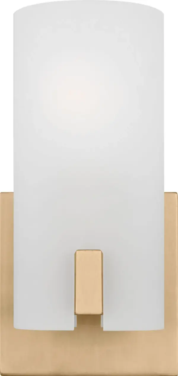 The Rhode Small Vanity combines geometric minimalism with warm satin brass detailing. Its etched glass shade creates a soft, flattering glow perfect for bathroom vanities, while the sleek square backplate adds contemporary sophistication.