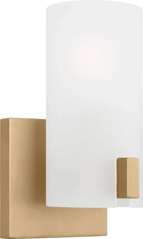 The Rhode Small Vanity combines geometric minimalism with warm satin brass detailing. Its etched glass shade creates a soft, flattering glow perfect for bathroom vanities, while the sleek square backplate adds contemporary sophistication. - alternate view