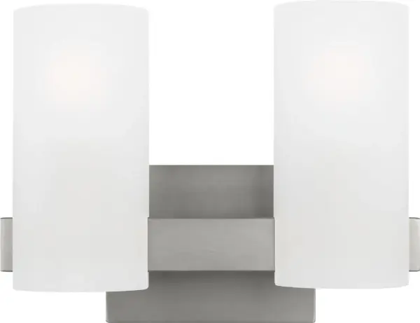 The Rhode Medium Vanity combines curved etched glass shades with clean geometric lines for a refined contemporary look. Damp-rated for bathroom durability, it delivers soft, flattering light perfect for grooming tasks.