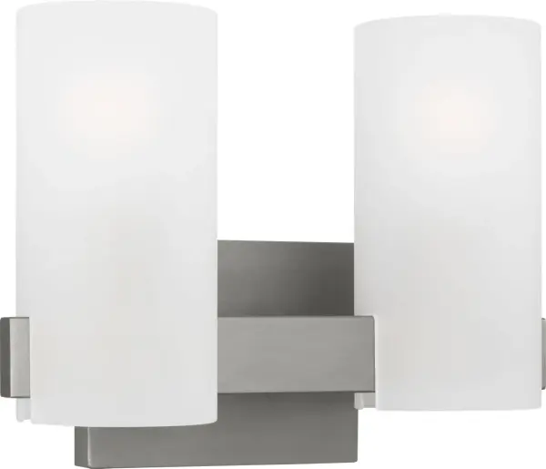 The Rhode Medium Vanity combines curved etched glass shades with clean geometric lines for a refined contemporary look. Damp-rated for bathroom durability, it delivers soft, flattering light perfect for grooming tasks. - alternate view
