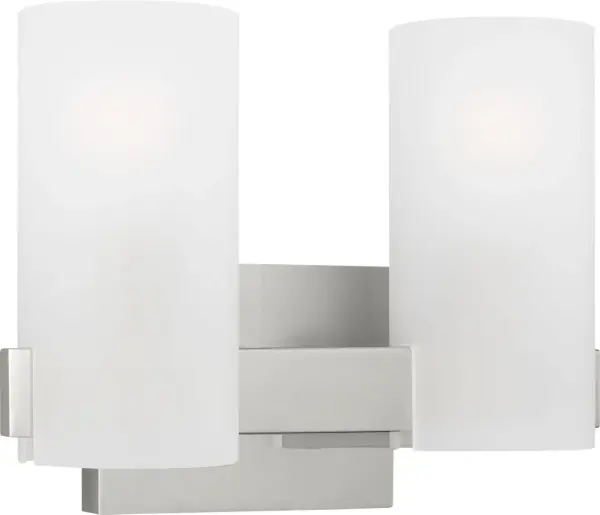 The Rhode Medium Vanity combines curved etched glass shades with clean geometric lines for a refined contemporary look. Damp-rated for bathroom use, it delivers soft, flattering light perfect for grooming tasks. - alternate view