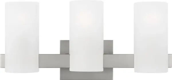 The Rhode Large Vanity combines sleek geometric design with frosted glass shades for soft, flattering bathroom lighting. Its contemporary aesthetic and damp-rated durability make it ideal for larger vanity areas.