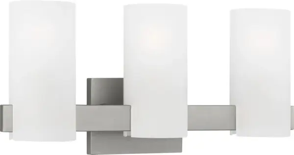 The Rhode Large Vanity combines sleek geometric design with frosted glass shades for soft, flattering bathroom lighting. Its contemporary aesthetic and damp-rated durability make it ideal for larger vanity areas. - alternate view