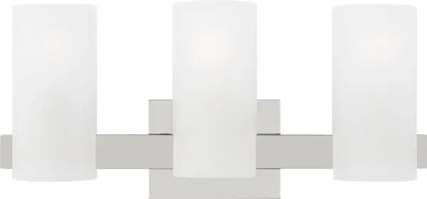 The Rhode Large Vanity combines sleek geometric design with functional illumination. Three frosted etched glass shades provide soft, flattering light perfect for grooming tasks while the minimalist chrome backplate adds contemporary elegance.