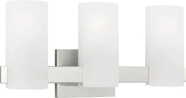 The Rhode Large Vanity combines sleek geometric design with functional illumination. Three frosted etched glass shades provide soft, flattering light perfect for grooming tasks while the minimalist chrome backplate adds contemporary elegance. - alternate view