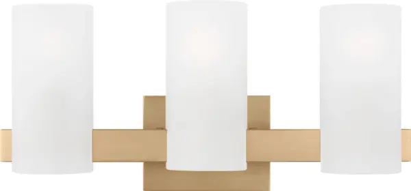 The Rhode Large Vanity combines sleek geometric design with functional illumination. Three frosted etched glass shades provide soft, even lighting perfect for grooming tasks, while the minimalist backplate adds contemporary elegance.