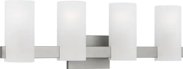 The Rhode Extra Large Vanity combines five frosted etched glass shades with a geometric metal backplate for a refined, contemporary look. Damp-rated for durability and offering soft ambient lighting, it's perfect for large bathrooms. - alternate view