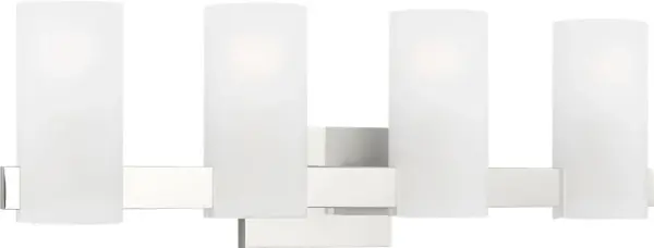 The Rhode Extra Large Vanity combines five frosted etched glass shades with a geometric metal backplate for a refined, contemporary look. Damp-rated and available in multiple finishes, it delivers functional illumination with sophisticated style. - alternate view