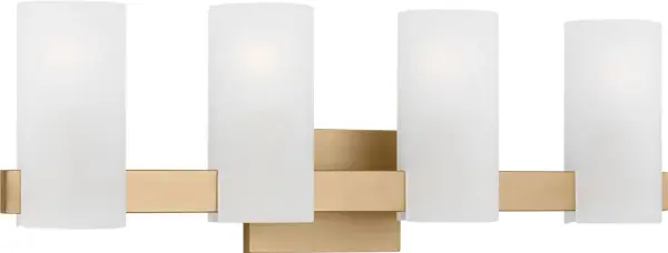 The Rhode Extra Large Vanity combines five frosted etched glass shades with a geometric metal backplate for a refined, contemporary look. Damp-rated and available in multiple finishes, it delivers functional illumination with sophisticated style. - alternate view