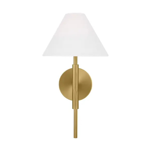The Porteau vanity light by Drew & Jonathan Scott brings contemporary elegance to bathroom lighting with its sleek j-arm silhouette and warm satin brass finish. The white linen drum shade softens light beautifully.