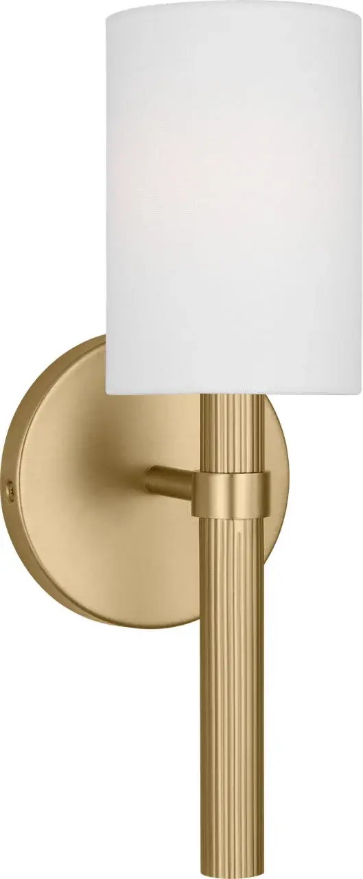The Manor Small Sconce combines a beautifully textured body with minimalist design elements. Its understated arm, circular backplate, and white linen shade create soft, inviting illumination perfect for bathrooms and hallways. - alternate view