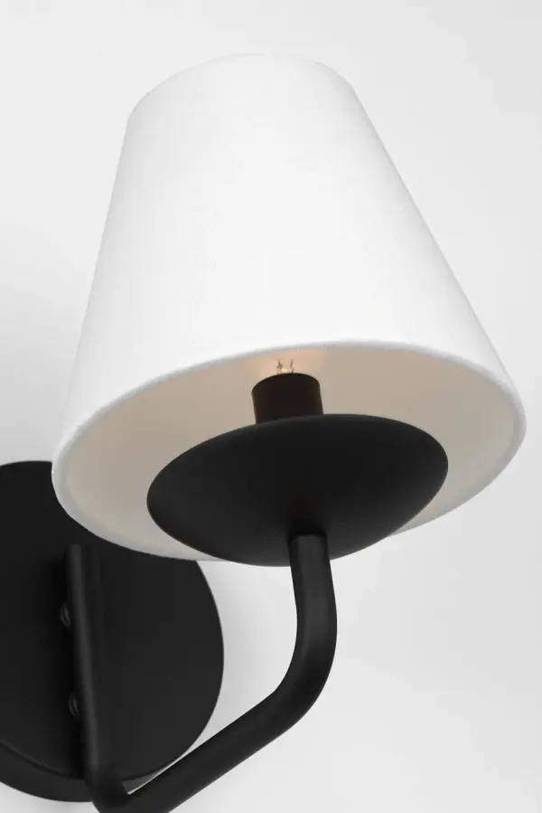 The Albion Small Sconce combines timeless design with modern sensibility. Its white linen empire shade delivers soft ambient lighting, while the decorative drip catcher adds vintage charm. Damp-rated for versatility. - alternate view