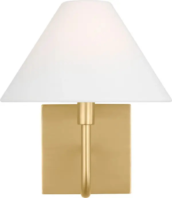 The Eldon Small Sconce combines clean modern lines with transitional warmth through its white linen shade and satin brass finish. Its curved arm and square backplate create visual interest while the damp-rated construction expands placement options.