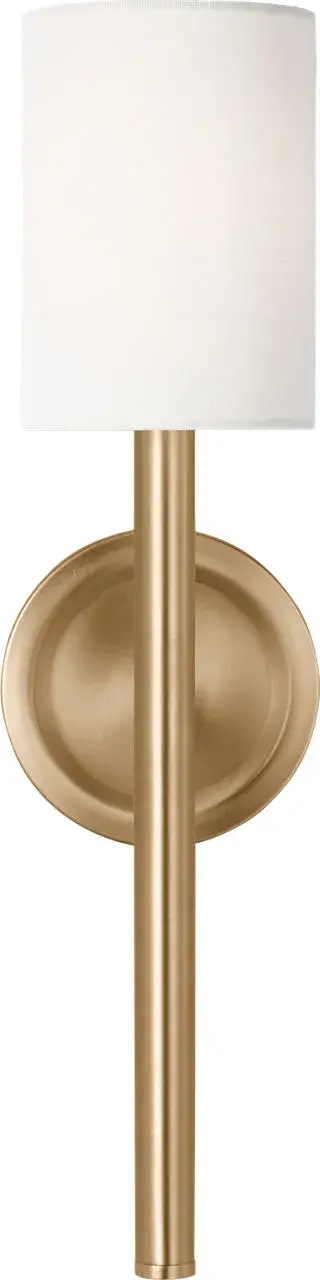 The Egmont Tall Sconce brings sophisticated vertical lighting with its satin brass finish. Perfect for flanking mirrors or creating ambient hallway lighting, this transitional design complements both modern and traditional spaces. - alternate view