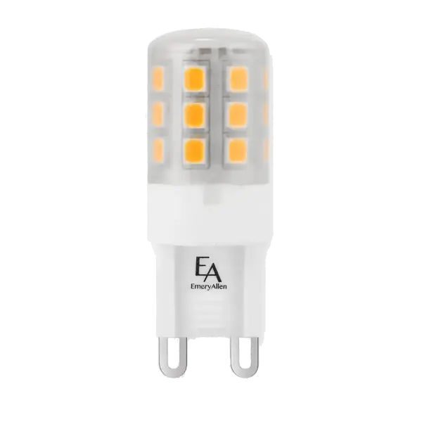 Energy-efficient 3W LED replacement bulb with G9 bi-pin base delivers 300 lumens of warm white light. Frosted finish provides soft, diffused illumination ideal for decorative fixtures and task lighting.