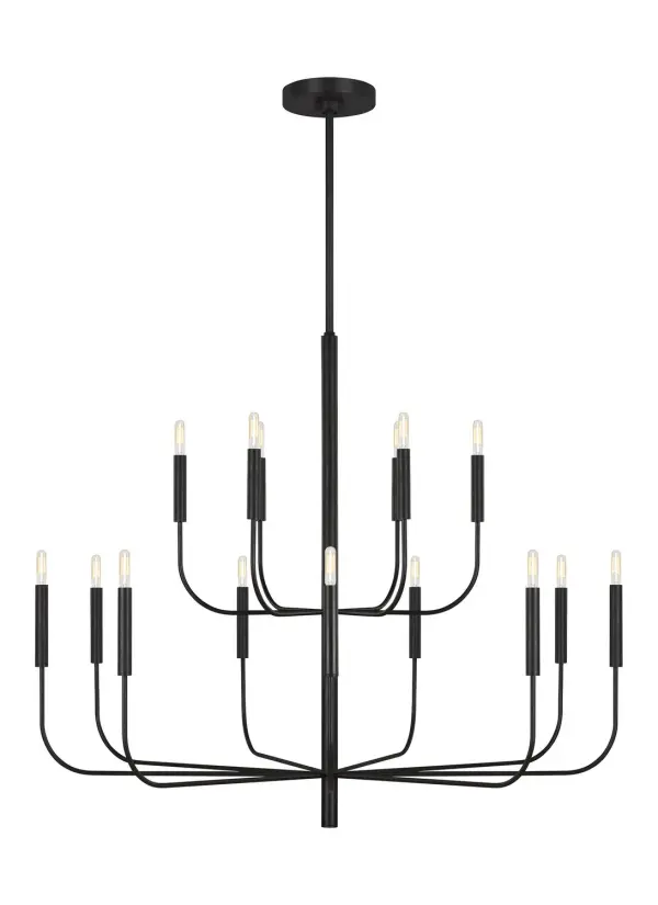 The Brianna chandelier makes a dramatic statement with its 48.75-inch span and 15 lights. Designed by Ellen DeGeneres, it features graceful tubular arms in aged iron that blend modern minimalism with classic elegance. Perfect for large dining rooms and grand entryways.