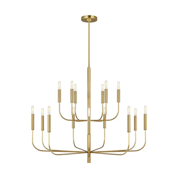 The Brianna chandelier combines graceful curves with elongated tubular arms for a sophisticated modern aesthetic. At nearly 49 inches wide, this substantial fixture makes a dramatic statement in large spaces while maintaining clean, minimalist lines.