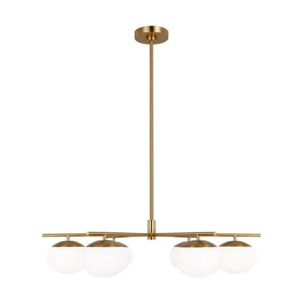 The Lune chandelier by Ellen DeGeneres combines clean geometric lines with warm burnished brass and milk glass globes. Its symmetrical abstract silhouette creates visual interest while maintaining simplicity, perfect for modern and transitional spaces.