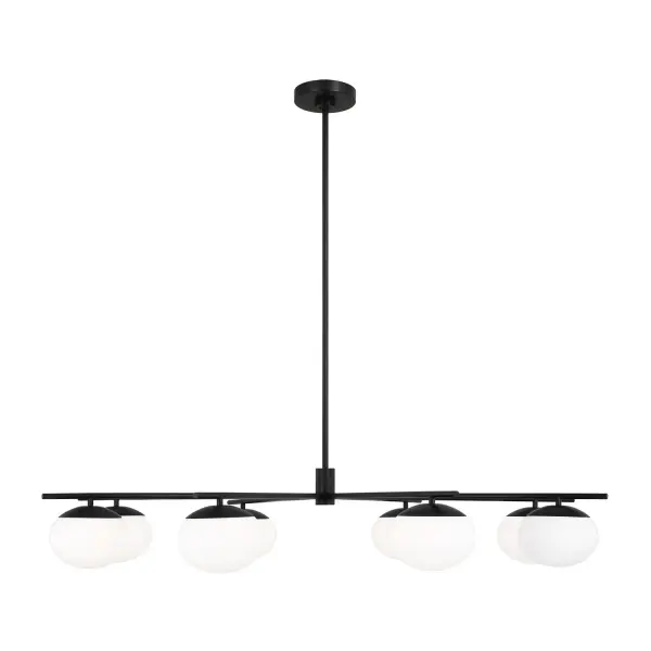 Ellen DeGeneres' Lune chandelier delivers understated elegance with its symmetrical linear form and milk glass globes. The slender Aged Iron frame creates a refined mid-century aesthetic perfect for modern dining spaces.
