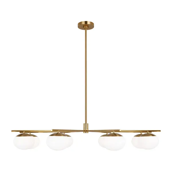Ellen DeGeneres' Lune chandelier delivers refined mid-century elegance with its symmetrical linear design and milk glass globes. The burnished brass finish adds warmth while the clean silhouette works beautifully over dining tables and islands.
