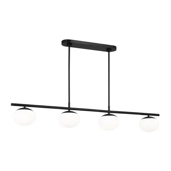 The Lune chandelier by Ellen DeGeneres delivers refined mid-century modern style with its slender aged iron frame and four milk white glass globes. The symmetrical design features no visible hardware for a clean aesthetic.