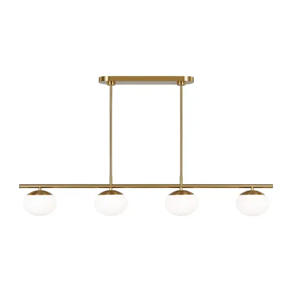Ellen DeGeneres' Lune collection delivers refined mid-century modern style with a deceptively simple silhouette. The burnished brass frame and milk white glass globes create an elegant focal point without visible hardware.