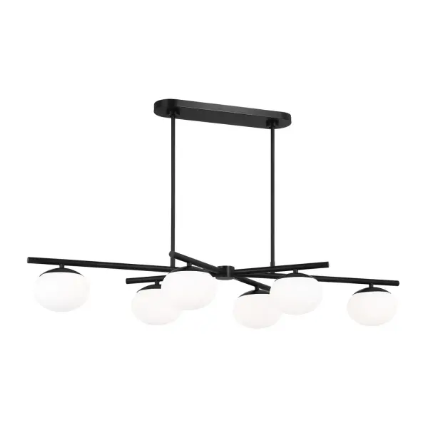 The Lune chandelier by Ellen DeGeneres delivers understated elegance with its symmetrical silhouette and milk glass globes. The slender Aged Iron frame creates a refined mid-century aesthetic perfect for modern dining spaces.