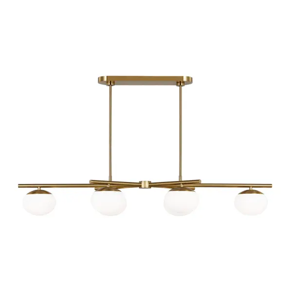 The Lune chandelier by Ellen DeGeneres combines mid-century modern aesthetics with contemporary sophistication. Six milk white glass globes float on slender burnished brass arms, creating a balanced, symmetrical design perfect for dining spaces.